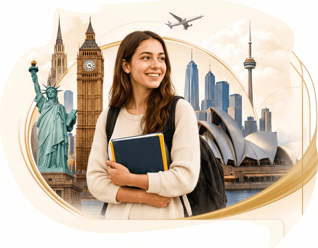 Student with world landmarks — Study Abroad with MVR Consultants